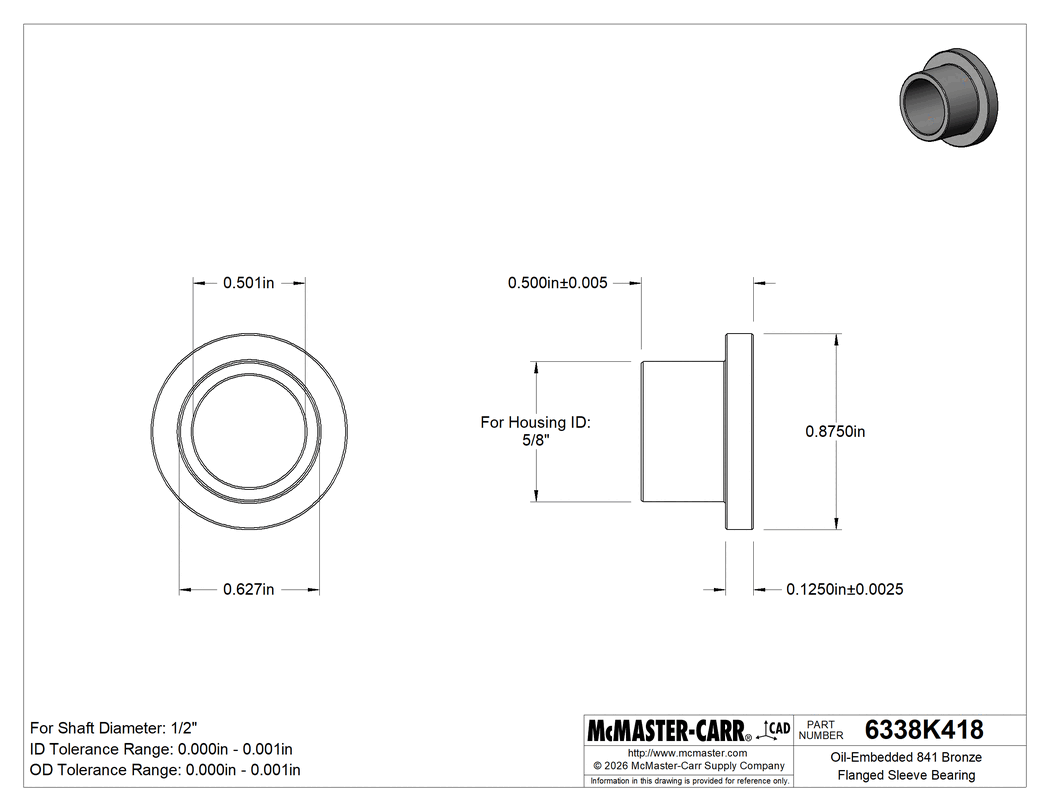 Technical Drawing of Oil-Embedded 841 Bronze Flanged Sleeve Bearing, for 1/2" Shaft Diameter and 5/8" Housing ID, 1/2" Long, 1/8" Flange.